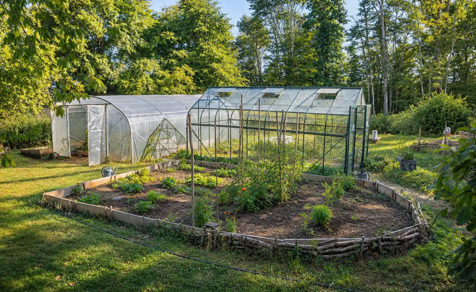 Parcelles et serres du jardin en permaculture